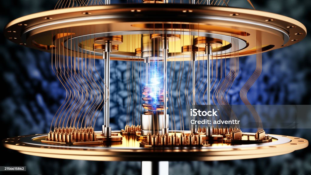 3D illustration of a working quantum computer. Quantum computing concept.
